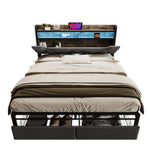 Upholstered Bed, 140x200 with USB-C, LED, Storage Drawers & Headboard, Gray with Metal Frame