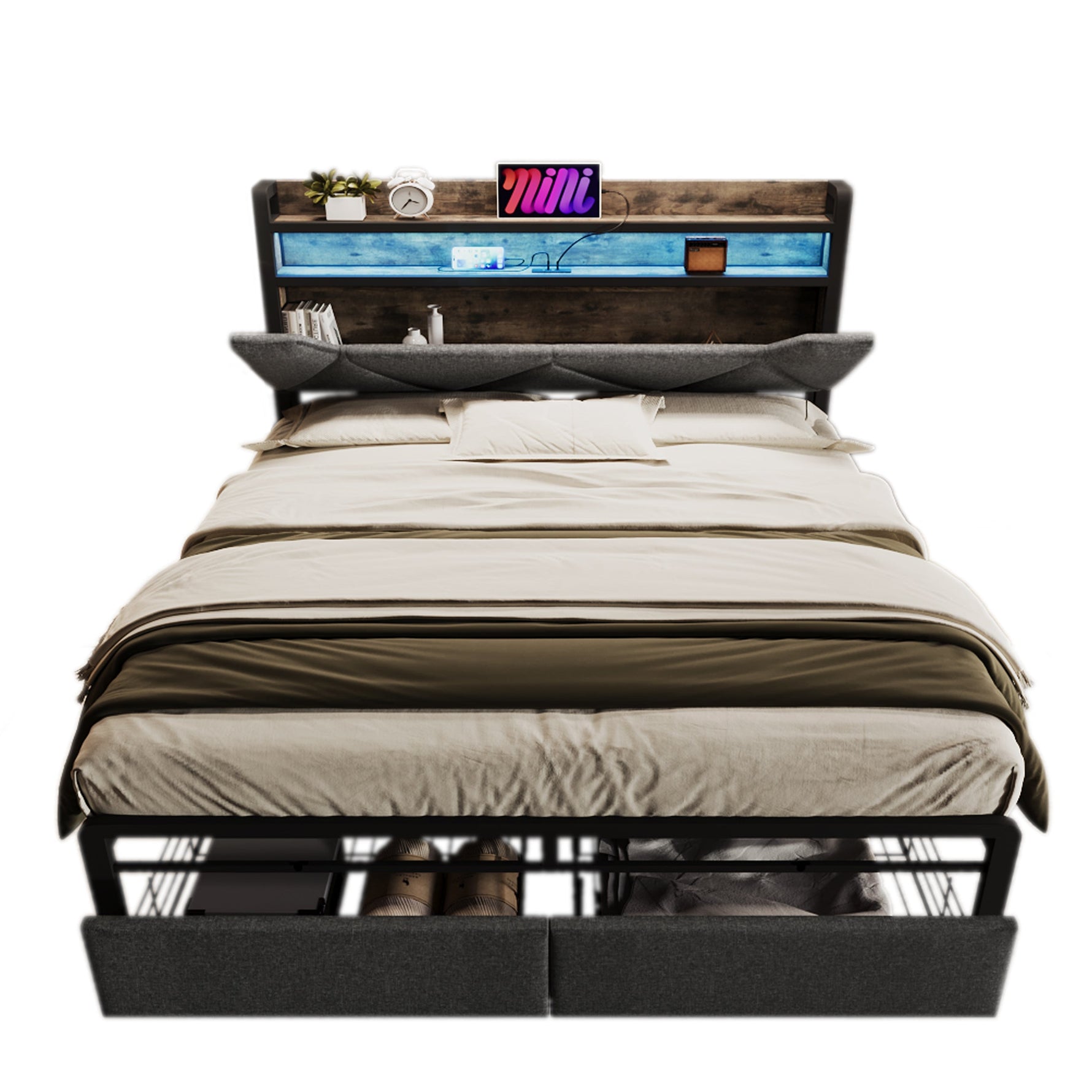 Upholstered Bed, 140x200 with USB-C, LED, Storage Drawers & Headboard, Gray with Metal Frame
