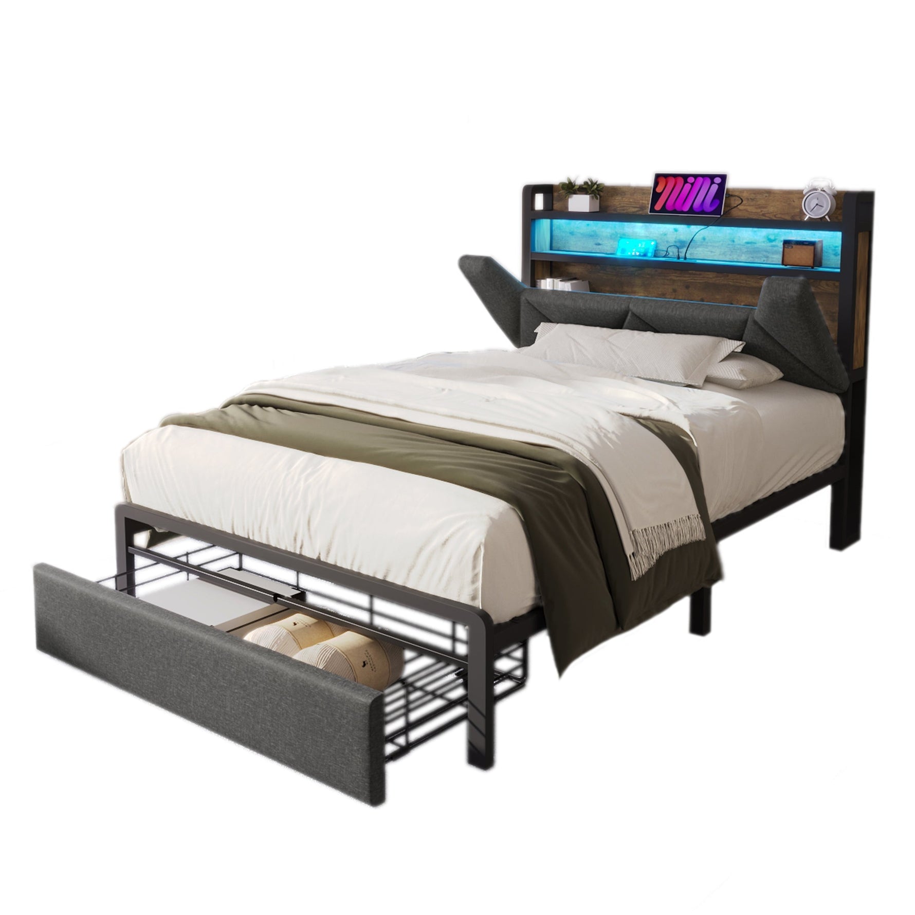 Upholstered Bed Single 90x200cm, Storage Headboard, LED, USB-C, Metal Frame, Grey