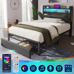 Upholstered Bed Single 90x200cm, Storage Headboard, LED, USB-C, Metal Frame, Grey