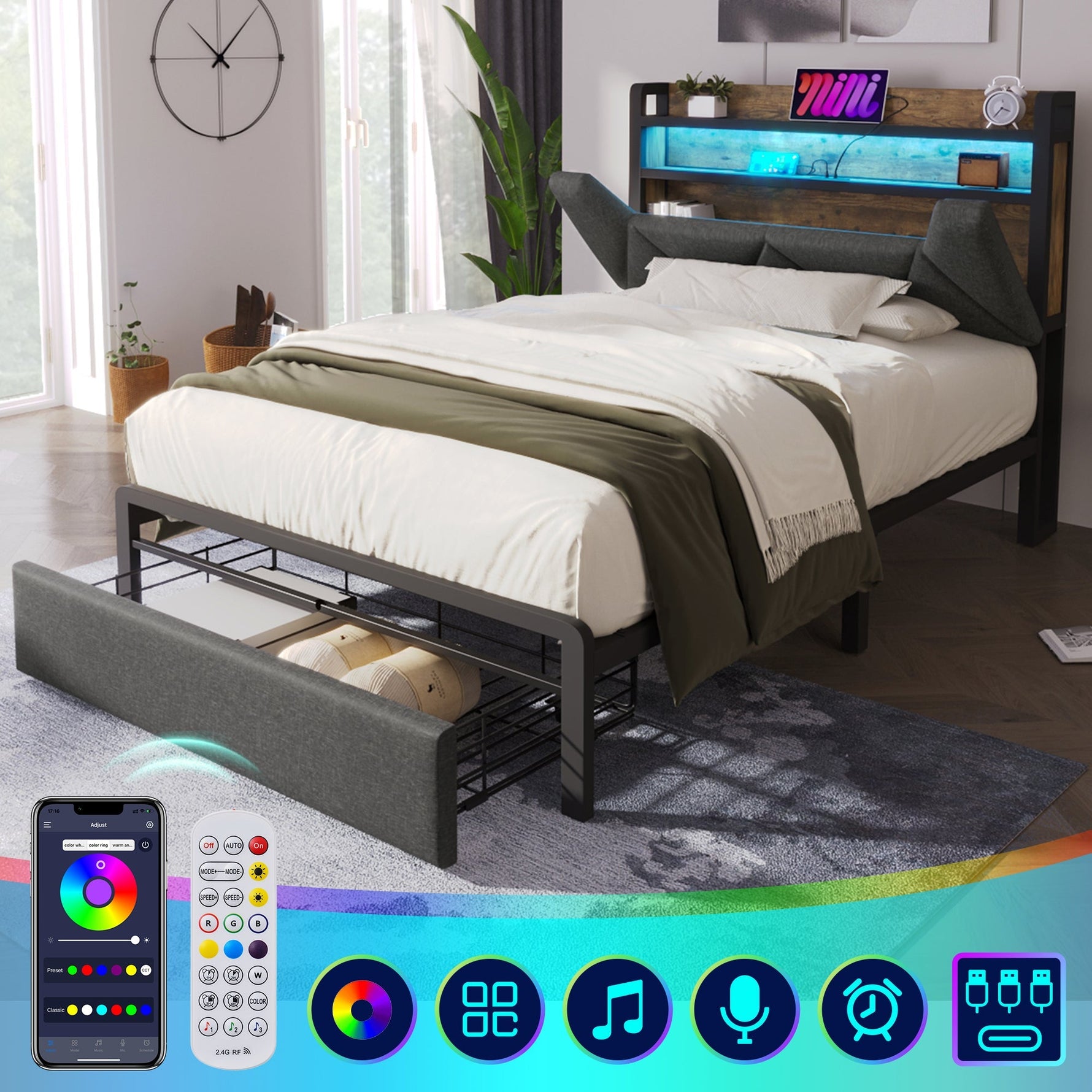 Upholstered Bed Single 90x200cm, Storage Headboard, LED, USB-C, Metal Frame, Grey