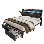 Upholstered Bed, USB-C, Storage Headboard, LED, Drawers, 140x200cm, Metal Frame, Gray