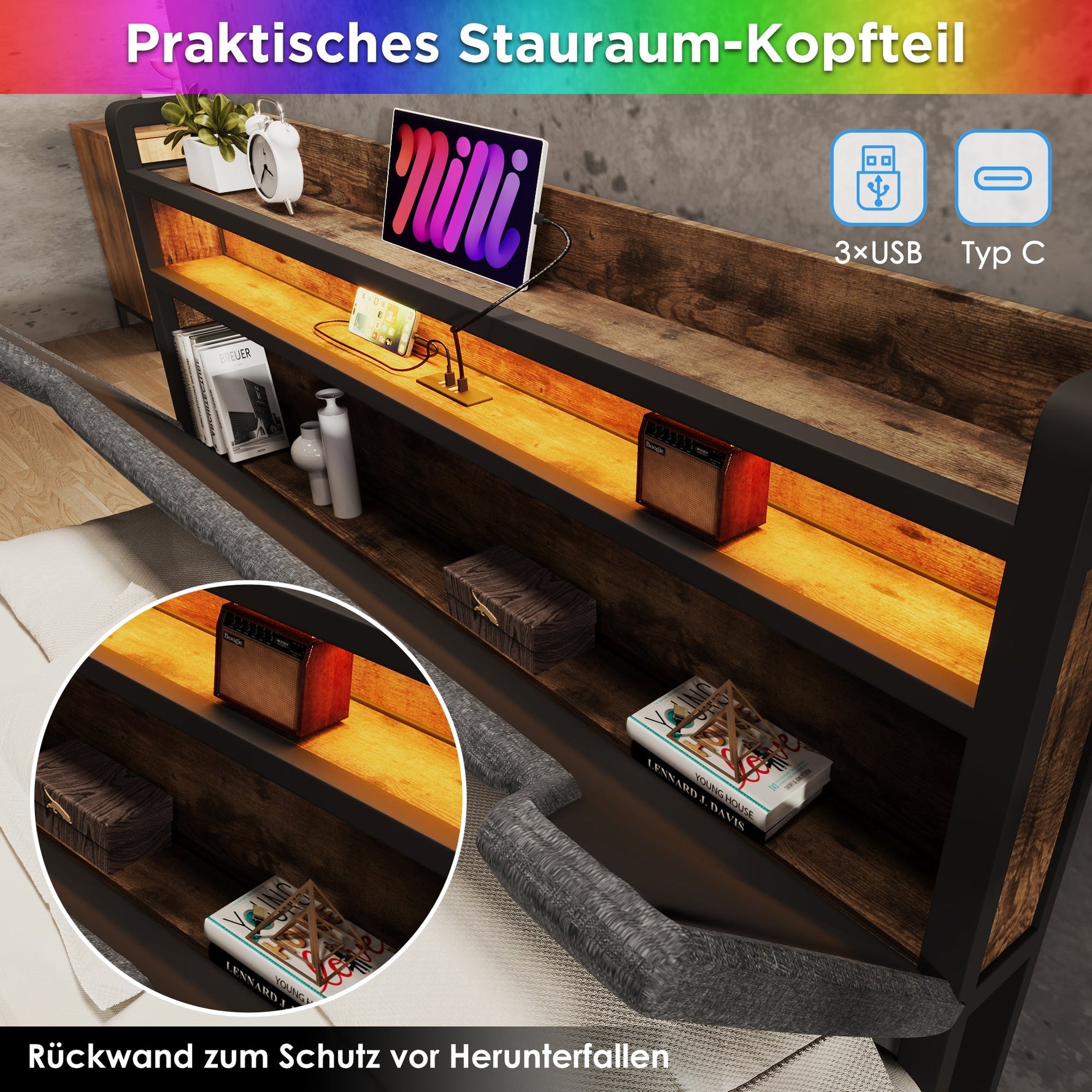 Upholstered Bed, 140x200 with USB-C, LED, Storage Drawers & Headboard, Gray with Metal Frame