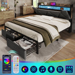 Upholstered Bed, 140x200 with USB-C, LED, Storage Drawers & Headboard, Gray with Metal Frame