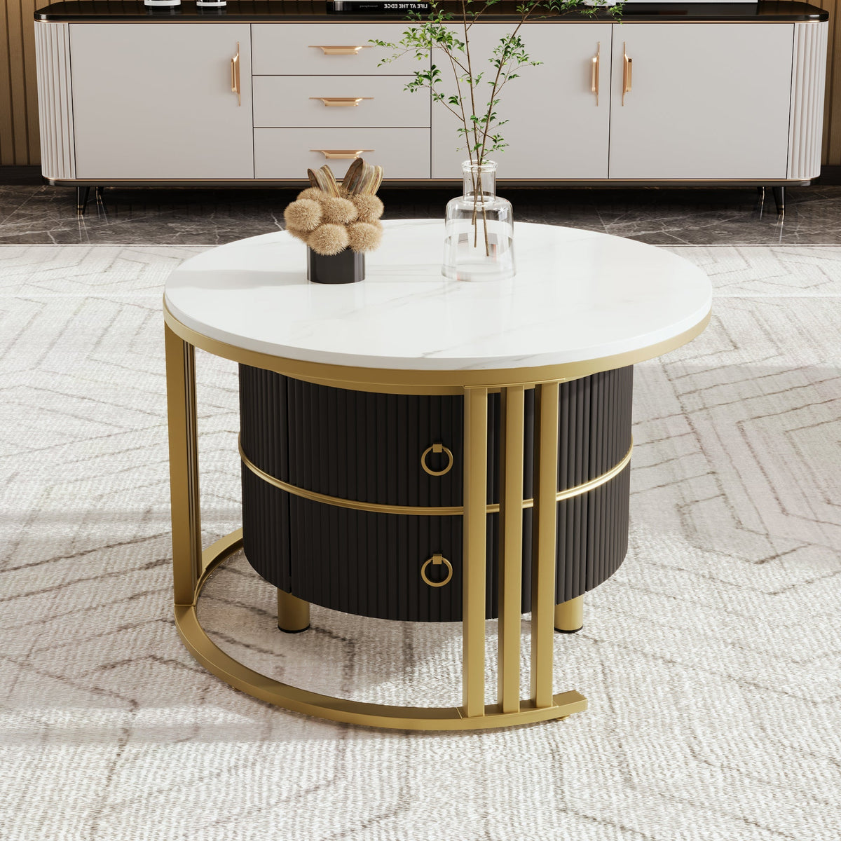 2-in-1 Round Coffee Table/Side Table, 2 Drawers, Glossy/Marble Top, MDF