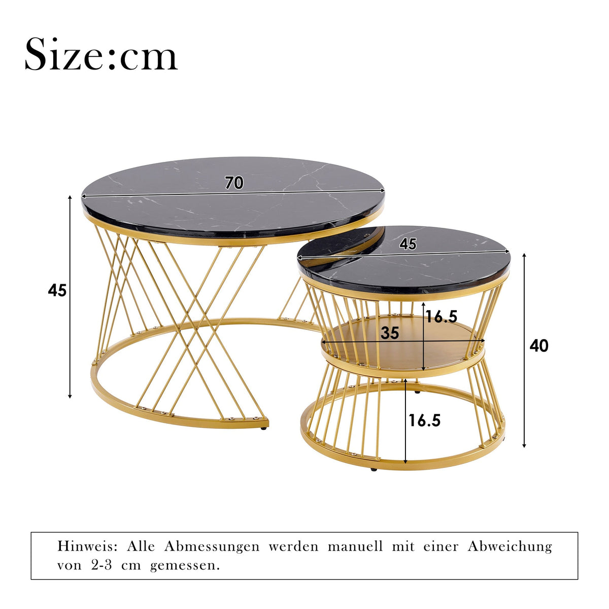 Nesting Coffee Table Set of 2 Round High Gloss Marble Veneer Gold Frame