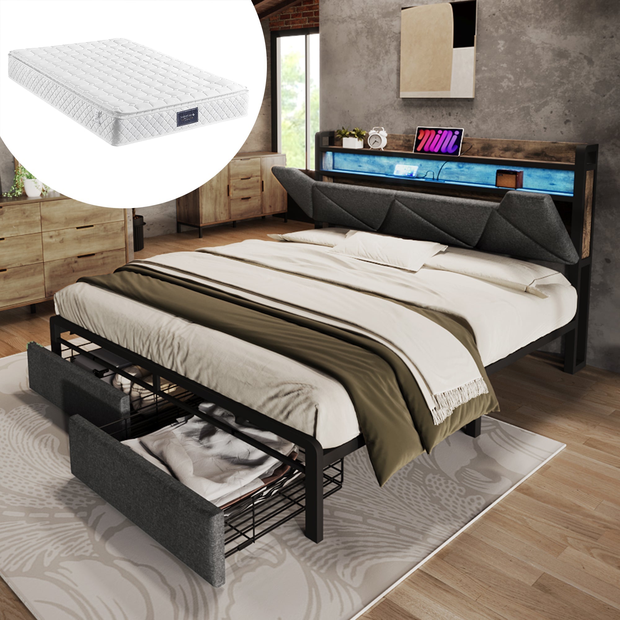 Upholstered Bed, 140x200 with USB-C, LED, Storage Drawers & Headboard, Gray with Metal Frame