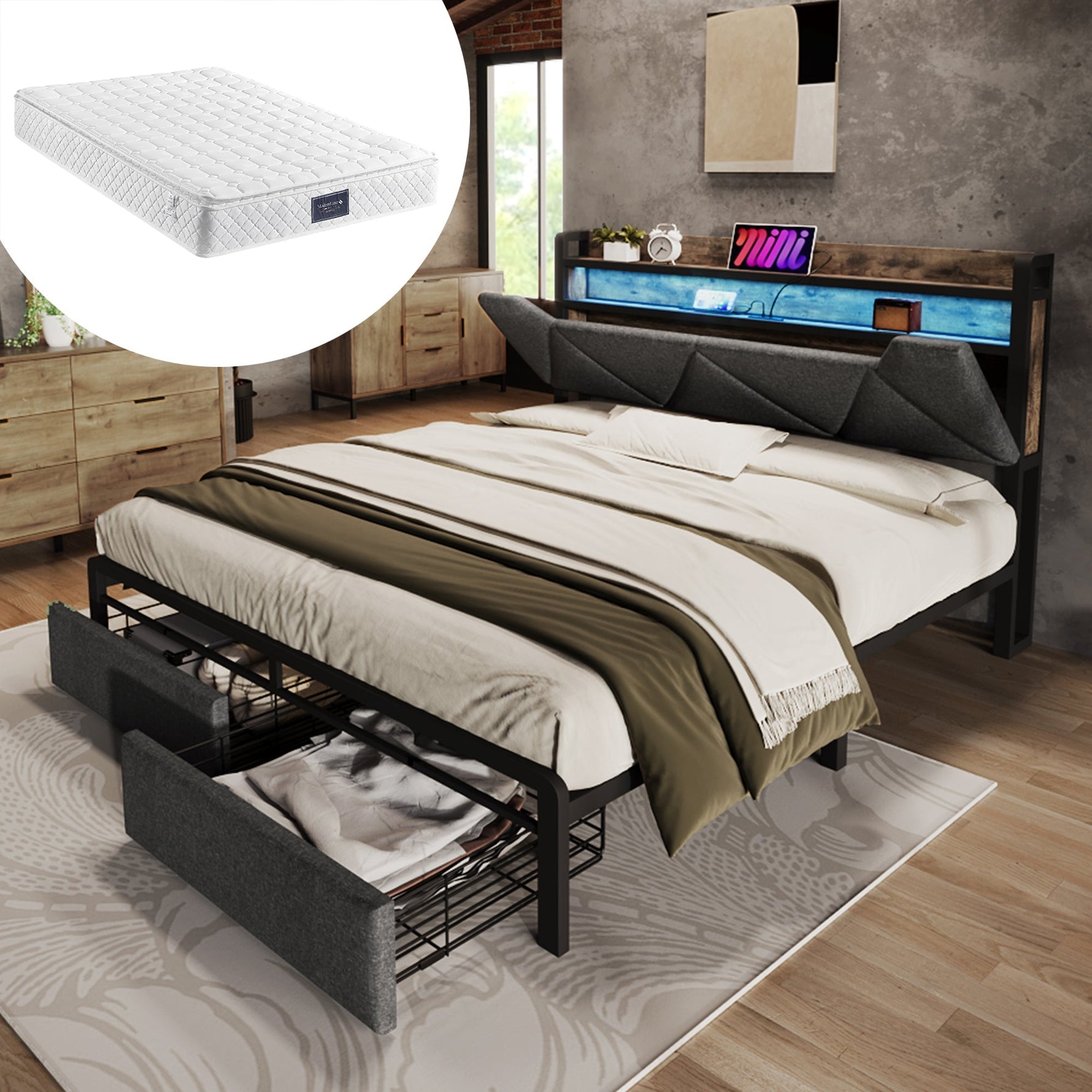 Upholstered Bed, 140x200 with USB-C, LED, Storage Drawers & Headboard, Gray with Metal Frame
