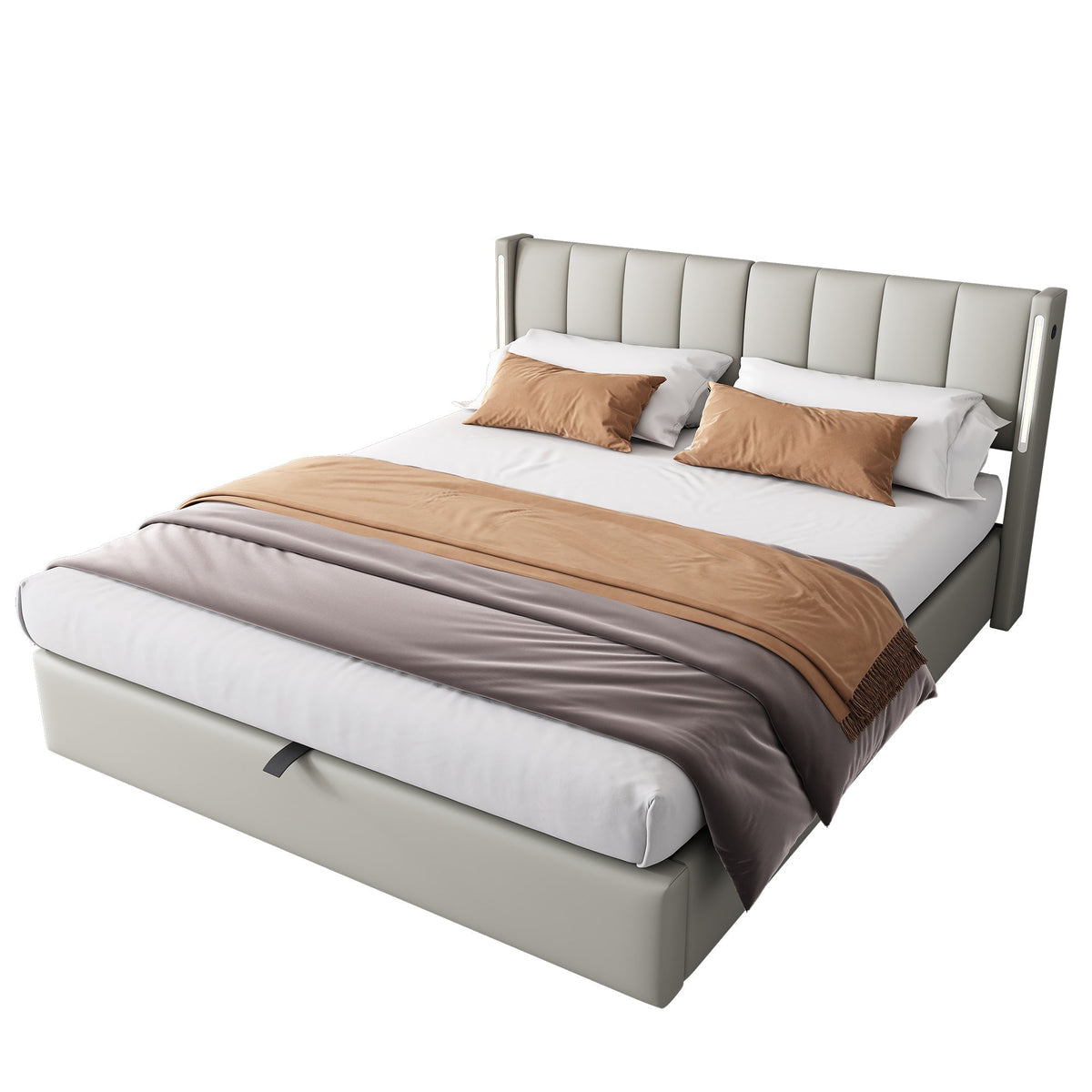 Upholstered Bed 140x190cm Hydraulic LED USB Storage Adjustable Headboard PU Gray