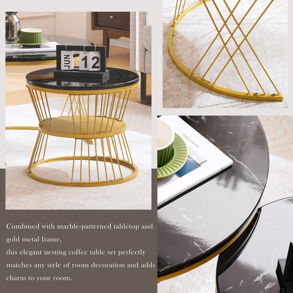 Nesting Coffee Table Set of 2 Round High Gloss Marble Veneer Gold Frame