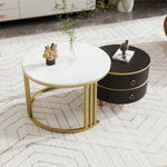 2-in-1 Round Coffee Table/Side Table, 2 Drawers, Glossy/Marble Top, MDF