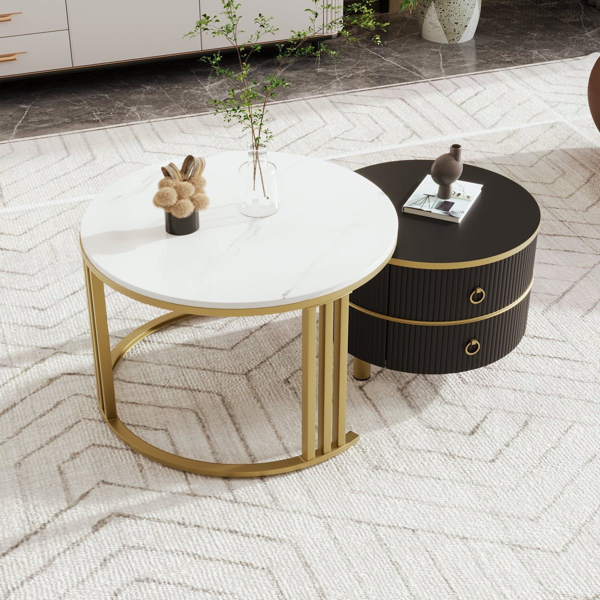 2-in-1 Round Coffee Table/Side Table, 2 Drawers, Glossy/Marble Top, MDF