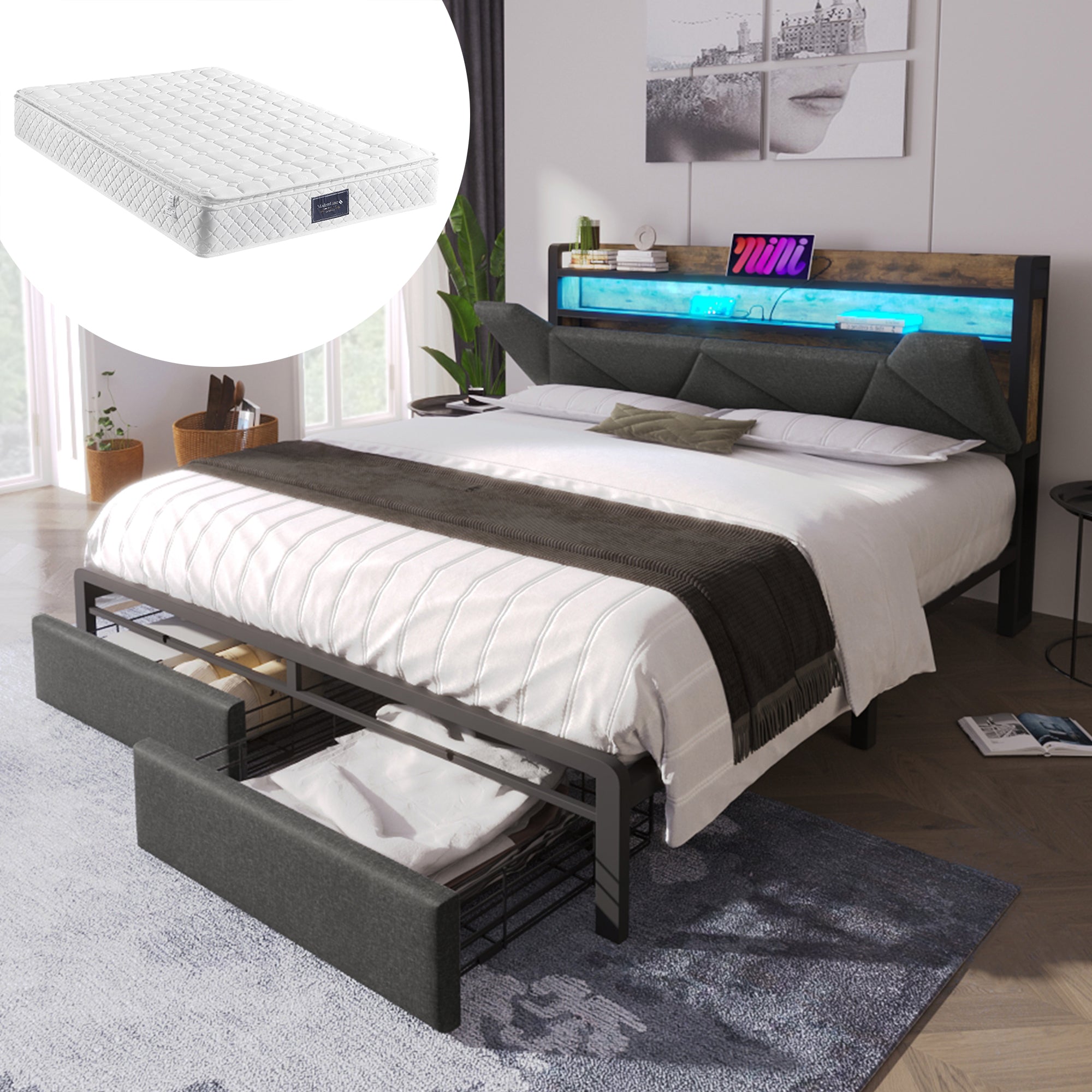 Upholstered Bed, USB Type C Charging, LED Lighting, Storage Headboard & Drawers, 160x200cm, Gray