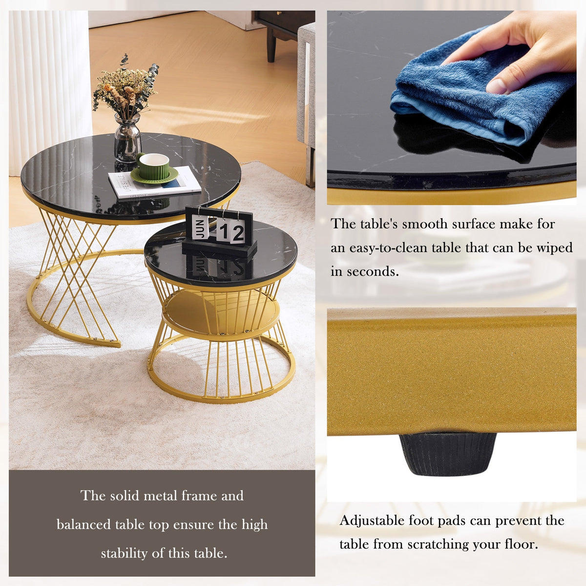 Nesting Coffee Table Set of 2 Round High Gloss Marble Veneer Gold Frame