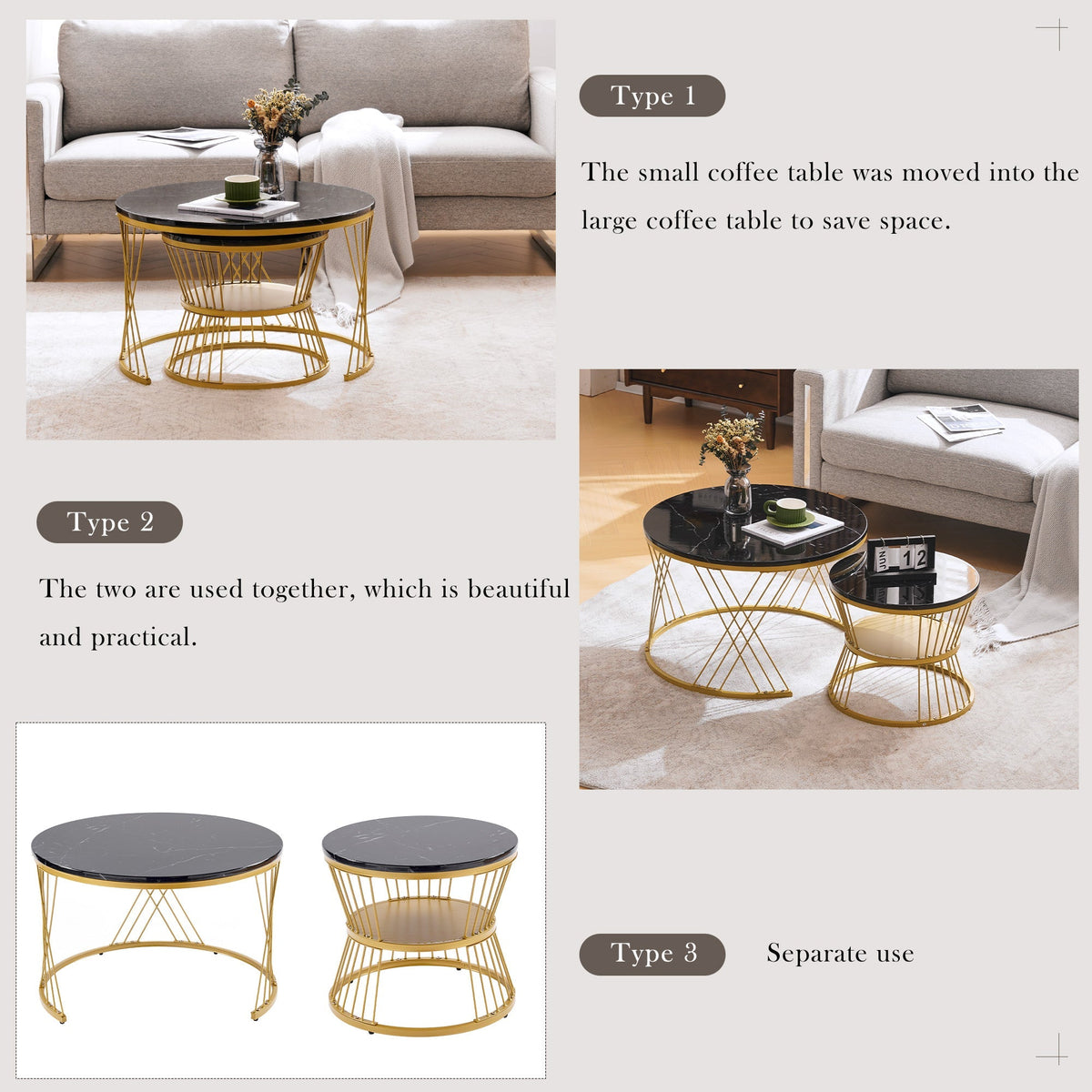 Nesting Coffee Table Set of 2 Round High Gloss Marble Veneer Gold Frame