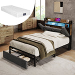 Upholstered Bed Single 90x200cm, Storage Headboard, LED, USB-C, Metal Frame, Grey