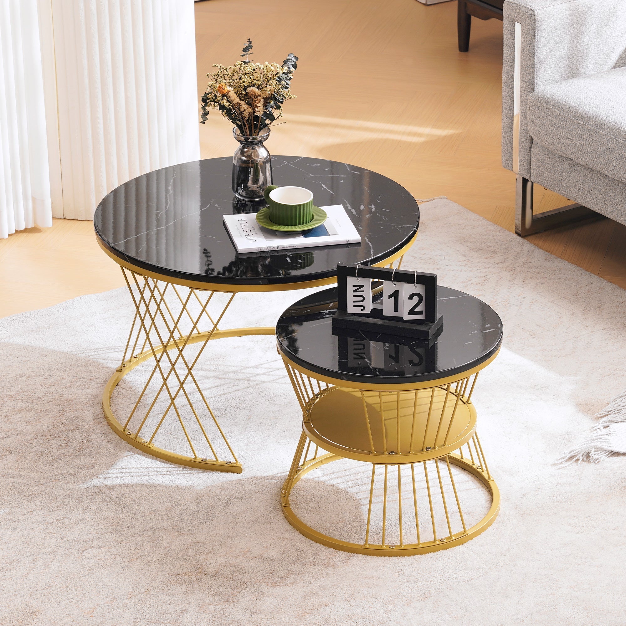 Nesting Coffee Table Set of 2 Round High Gloss Marble Veneer Gold Frame