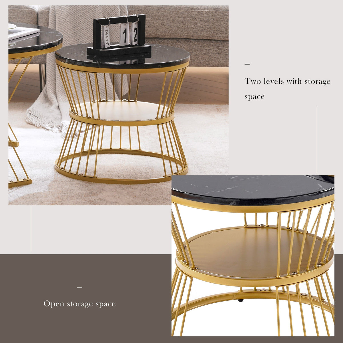 Nesting Coffee Table Set of 2 Round High Gloss Marble Veneer Gold Frame