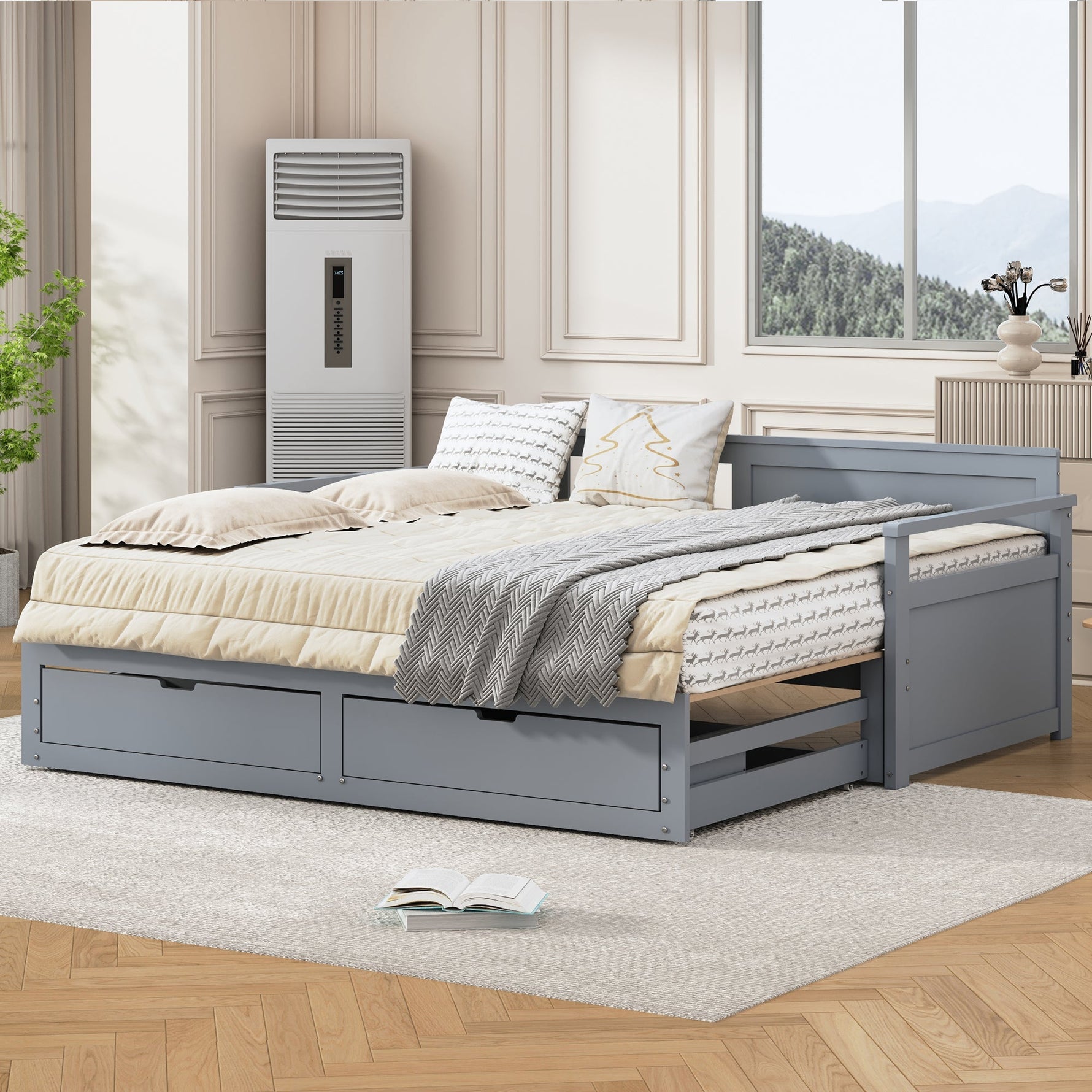 Day Bed, Multifunctional Two-in-One with Drawers, Pull-Out, Pine, Grey