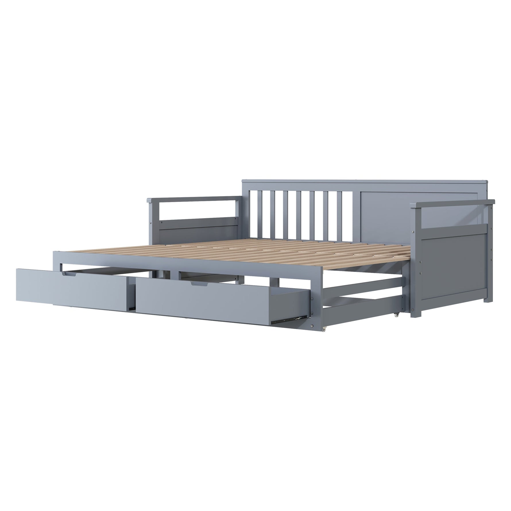 Day Bed, Multifunctional Two-in-One with Drawers, Pull-Out, Pine, Grey