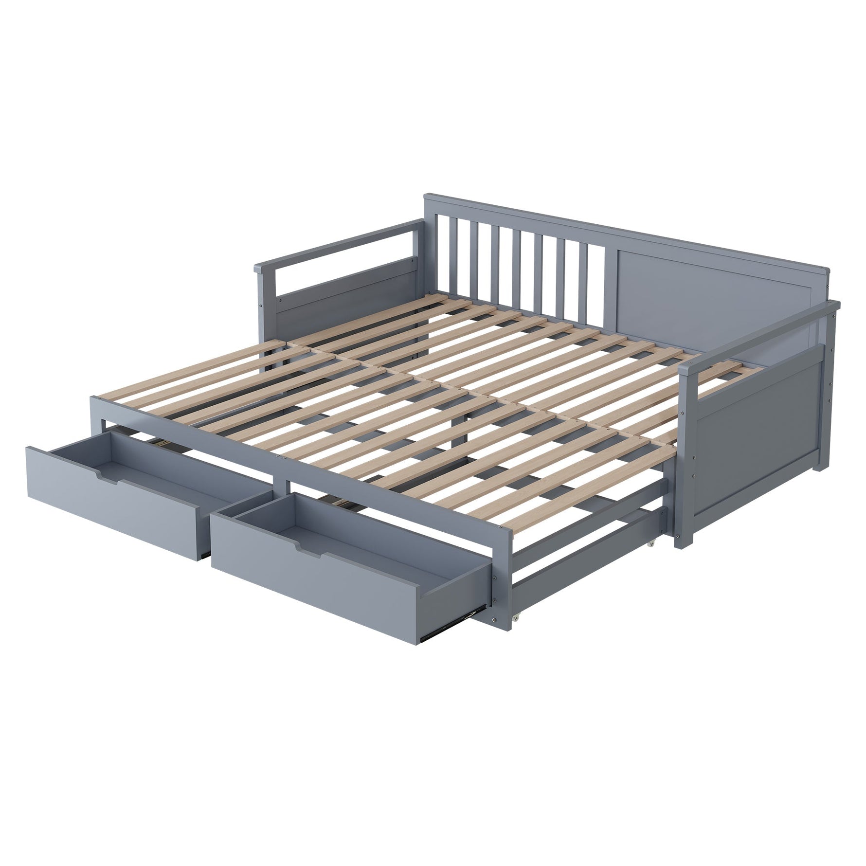 Day Bed, Multifunctional Two-in-One with Drawers, Pull-Out, Pine, Grey