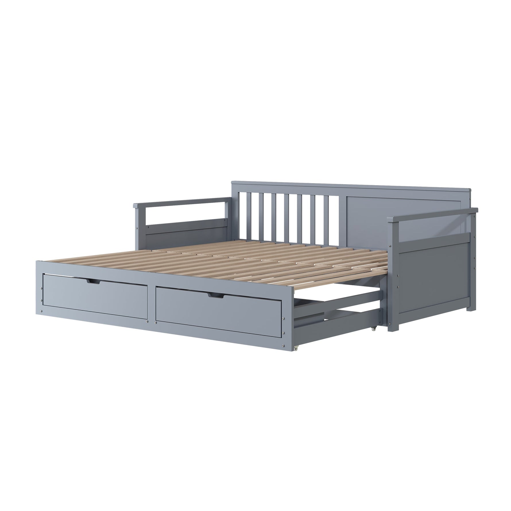 Day Bed, Multifunctional Two-in-One with Drawers, Pull-Out, Pine, Grey