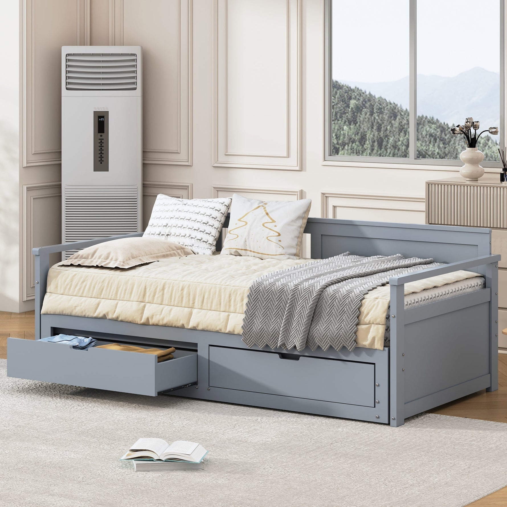 Day Bed, Multifunctional Two-in-One with Drawers, Pull-Out, Pine, Grey