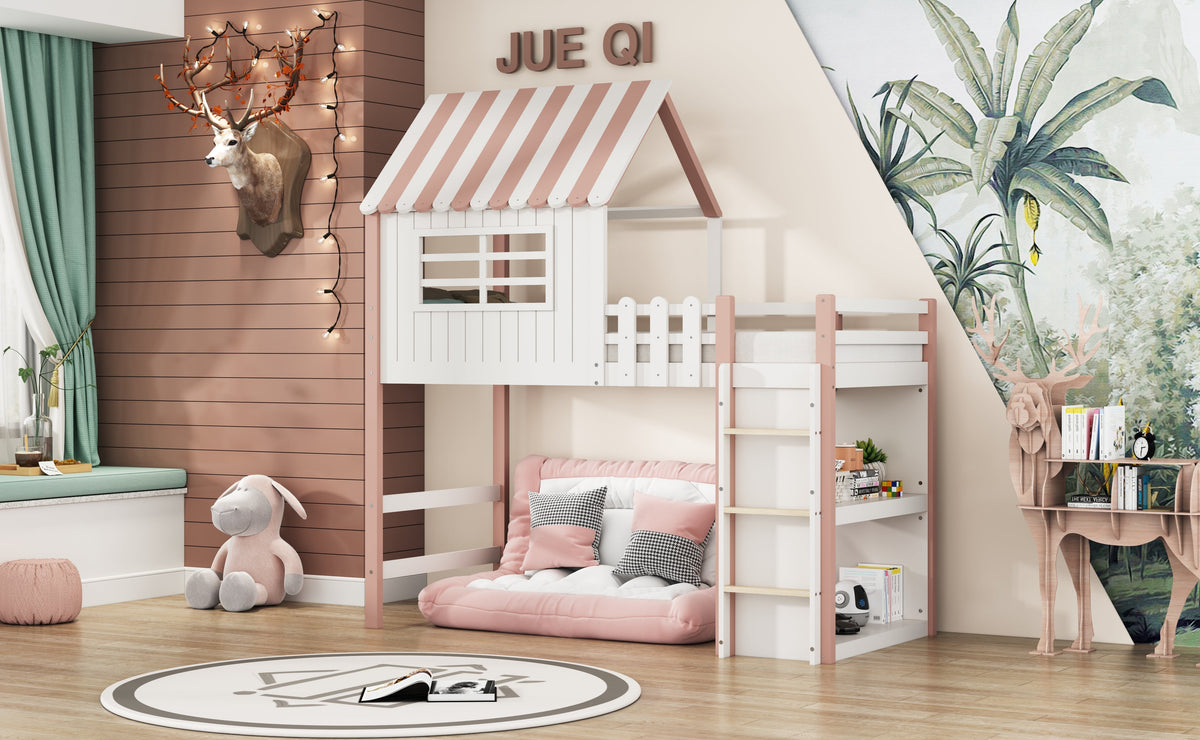 Children's Bed 90x200cm, High & Low Roof Shape with Ladder & Storage, Solid Wood Pink