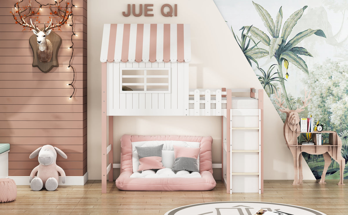 Children's Bed 90x200cm, High & Low Roof Shape with Ladder & Storage, Solid Wood Pink