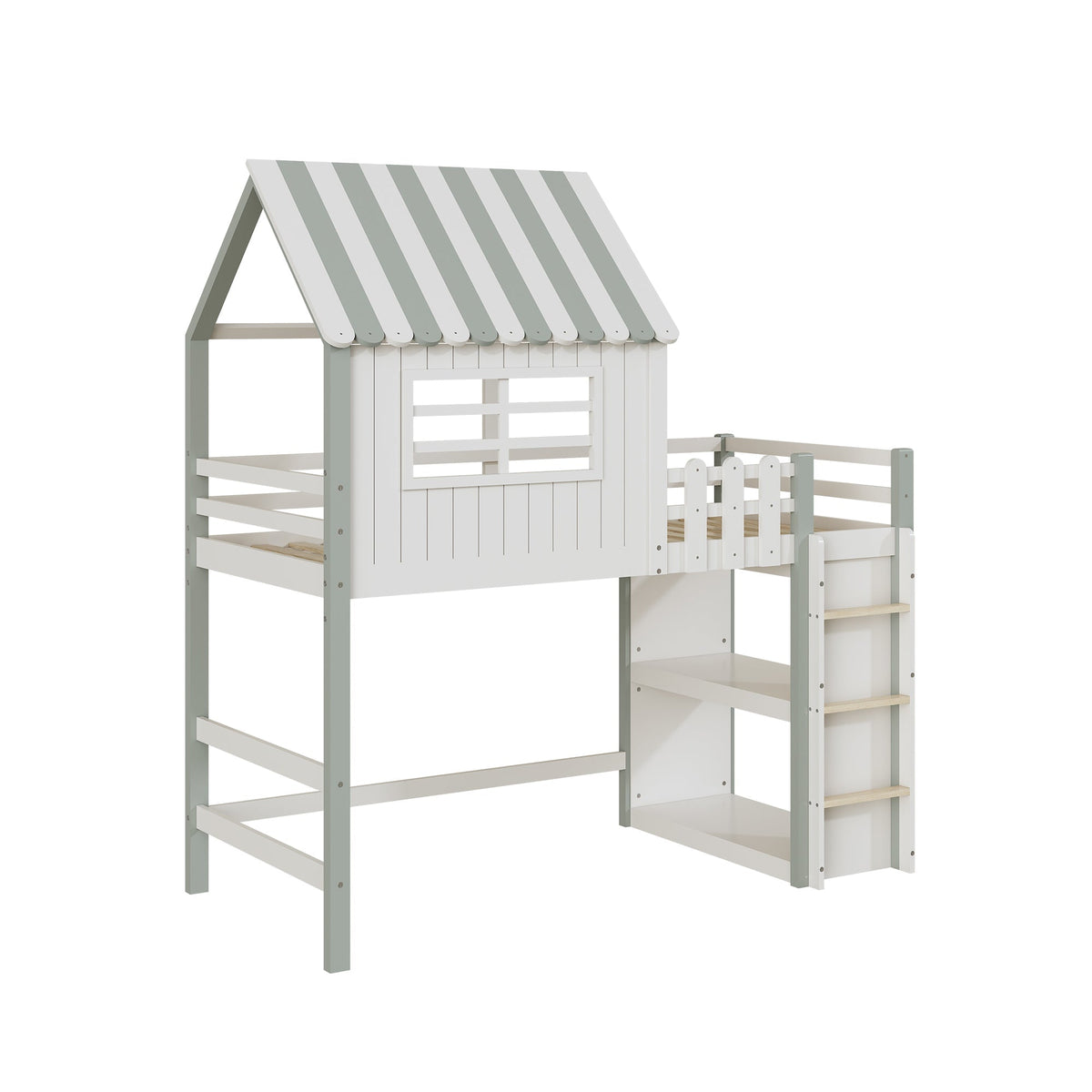 Children's Bed, High & Low Roof Shape with Ladder & Storage, Solid Wood, Green