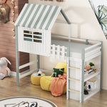 Children's Bed, High & Low Roof Shape with Ladder & Storage, Solid Wood, Green