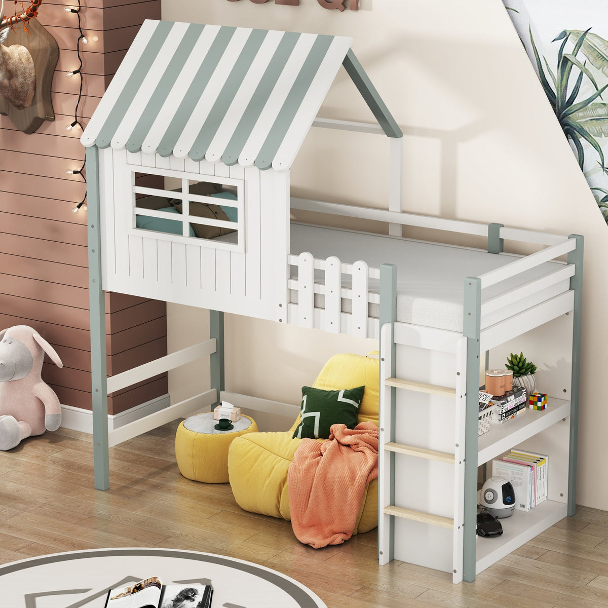 Children's Bed, High & Low Roof Shape with Ladder & Storage, Solid Wood, Green