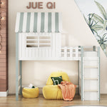 Children's Bed, High & Low Roof Shape with Ladder & Storage, Solid Wood, Green