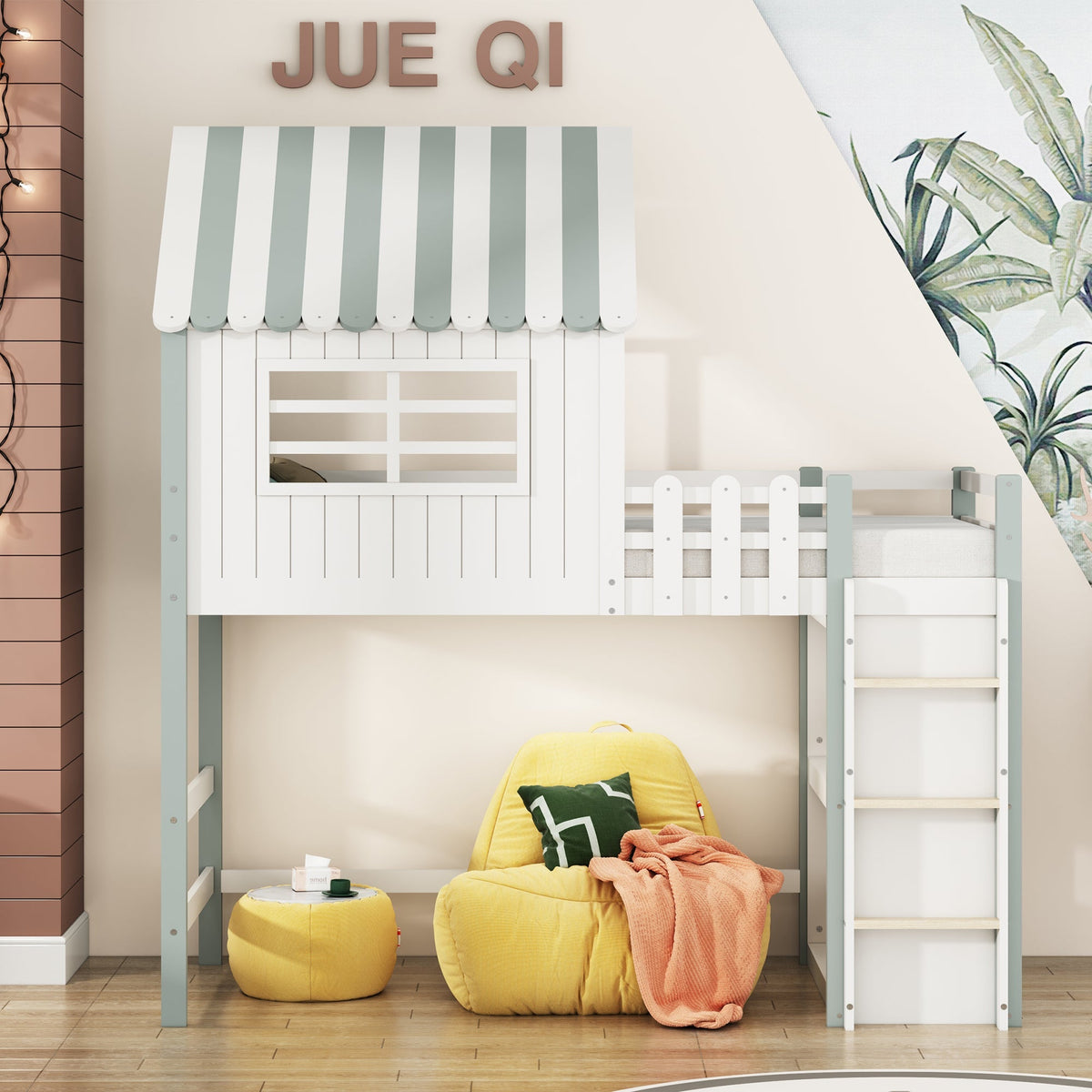 Children's Bed, High & Low Roof Shape with Ladder & Storage, Solid Wood, Green