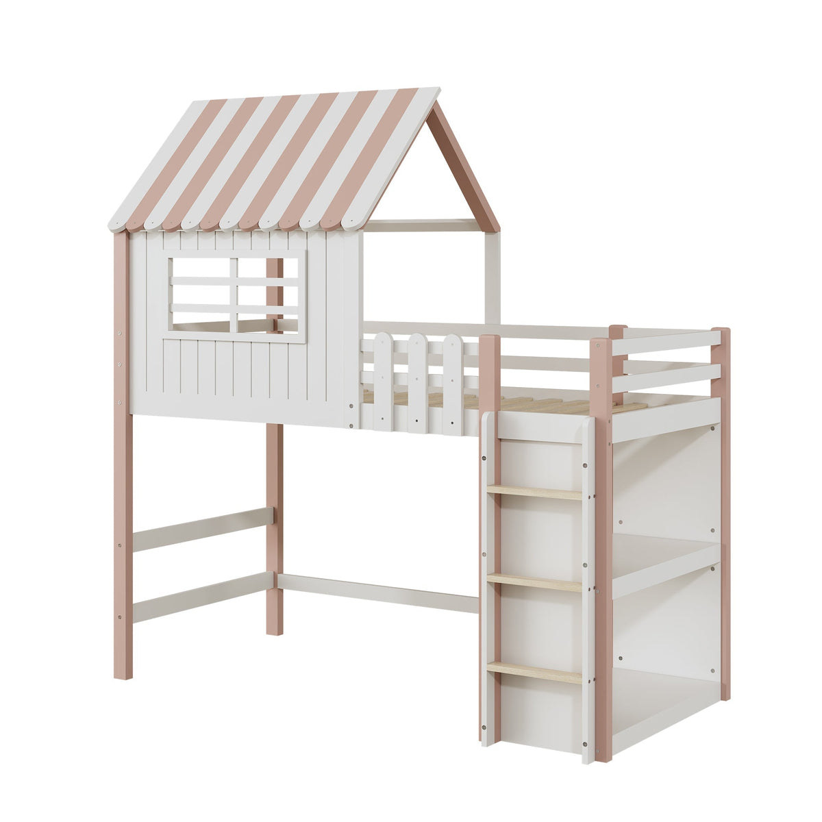 Children's Bed 90x200cm, High & Low Roof Shape with Ladder & Storage, Solid Wood Pink