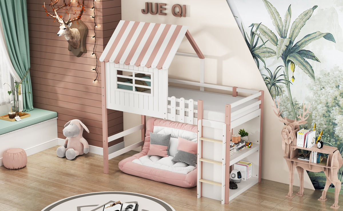 Children's Bed 90x200cm, High & Low Roof Shape with Ladder & Storage, Solid Wood Pink