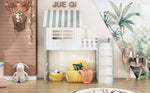 Children's Bed, High & Low Roof Shape with Ladder & Storage, Solid Wood, Green