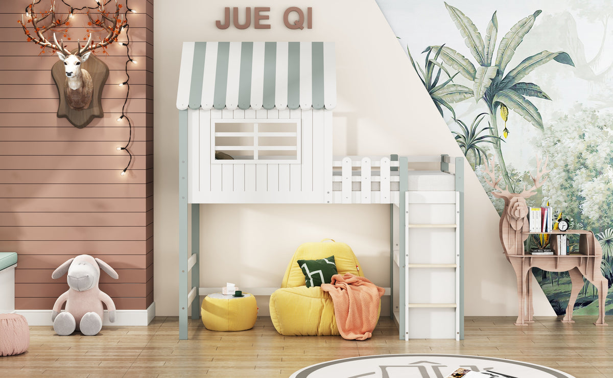 Children's Bed, High & Low Roof Shape with Ladder & Storage, Solid Wood, Green