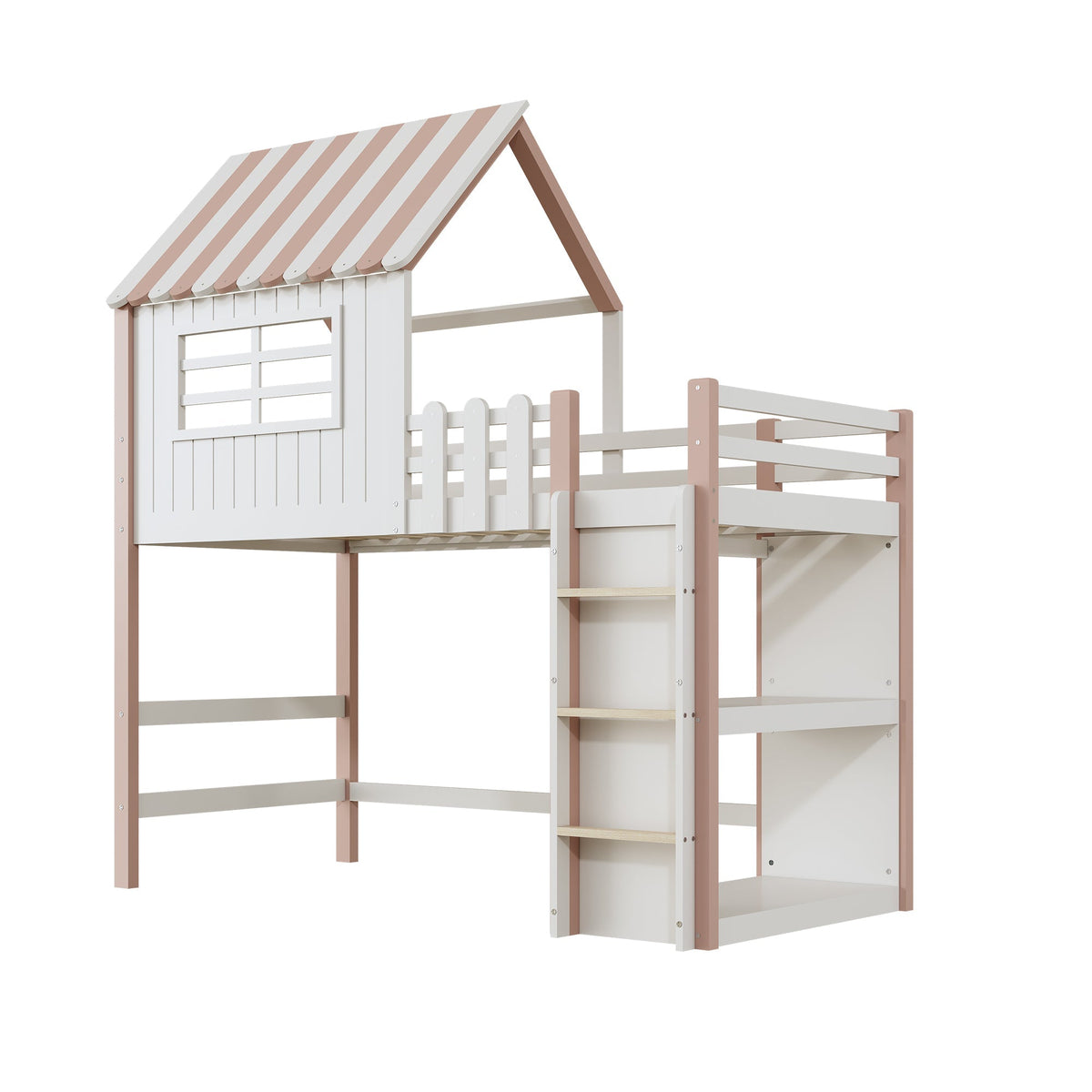 Children's Bed 90x200cm, High & Low Roof Shape with Ladder & Storage, Solid Wood Pink