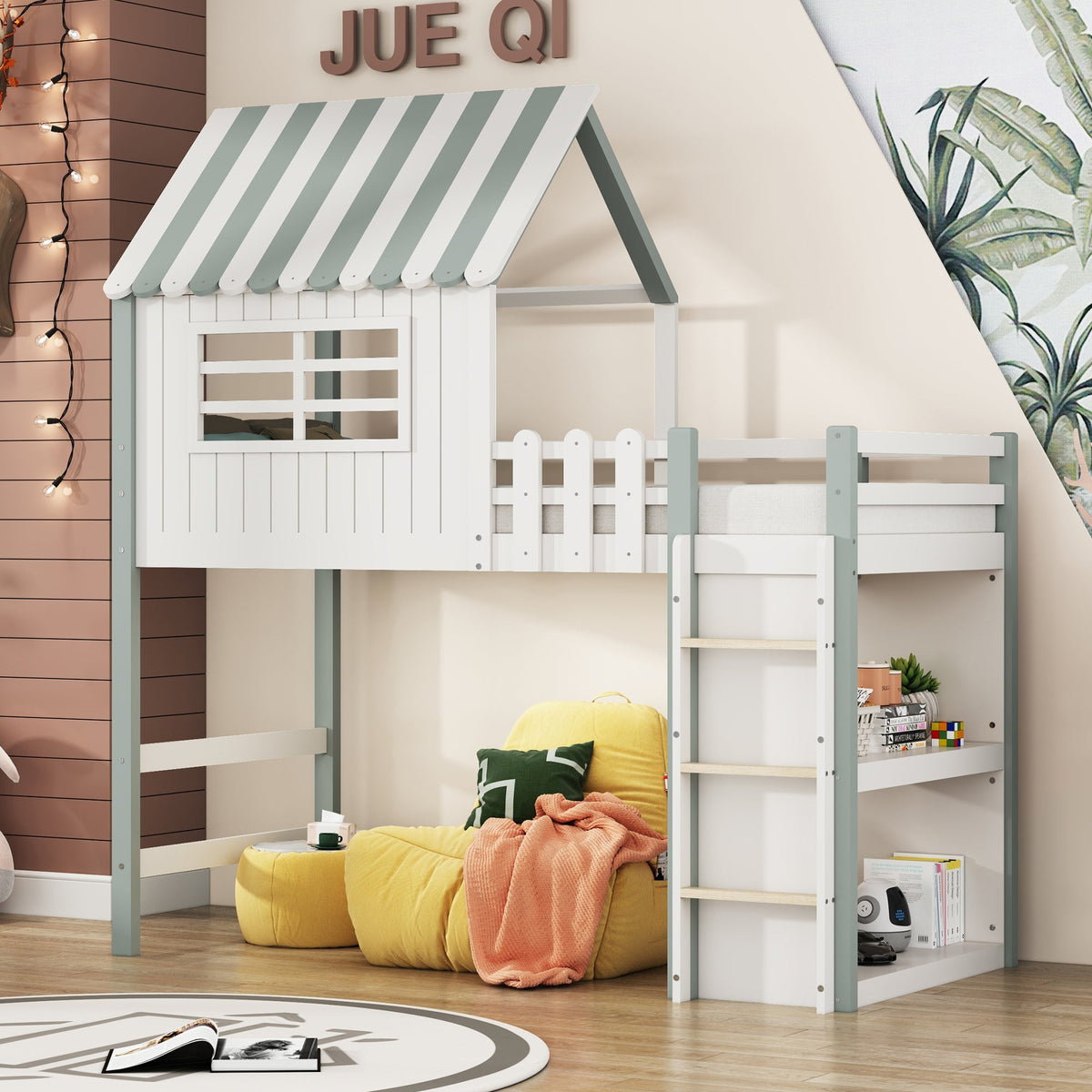 Children's Bed, High & Low Roof Shape with Ladder & Storage, Solid Wood, Green