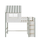 Children's Bed, High & Low Roof Shape with Ladder & Storage, Solid Wood, Green