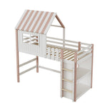 Children's Bed 90x200cm, High & Low Roof Shape with Ladder & Storage, Solid Wood Pink