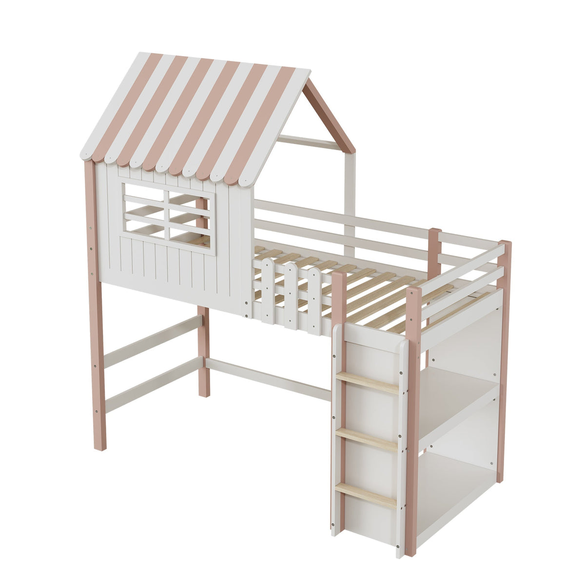 Children's Bed 90x200cm, High & Low Roof Shape with Ladder & Storage, Solid Wood Pink