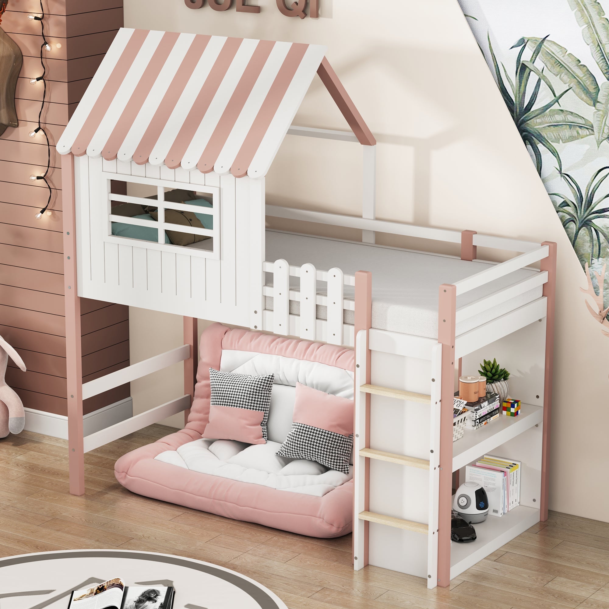 Children's Bed 90x200cm, High & Low Roof Shape with Ladder & Storage, Solid Wood Pink