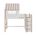 Children's Bed 90x200cm, High & Low Roof Shape with Ladder & Storage, Solid Wood Pink