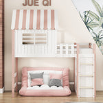 Children's Bed 90x200cm, High & Low Roof Shape with Ladder & Storage, Solid Wood Pink