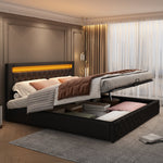 Upholstered Bed 140x200cm Storage LED Slatted Frame - Black PU
