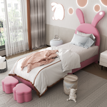 Upholstered Bed with Storage Stools, LED Lighting and Bunny Ears, Pink French Velvet
