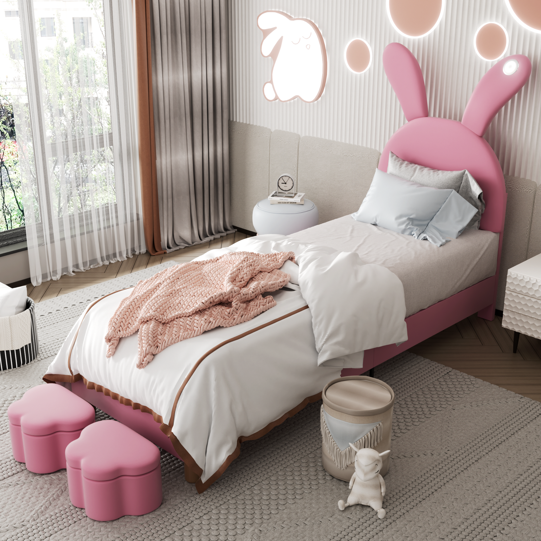 Upholstered Bed with Storage Stools, LED Lighting and Bunny Ears, Pink French Velvet