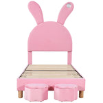 Upholstered Bed with Storage Stools, LED Lighting and Bunny Ears, Pink French Velvet